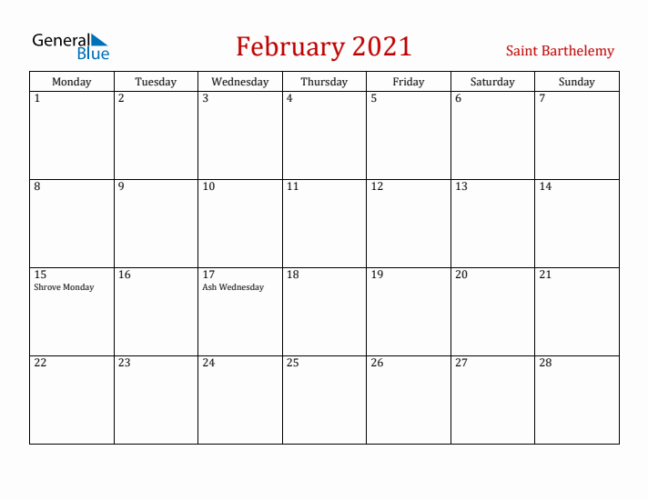 Saint Barthelemy February 2021 Calendar - Monday Start
