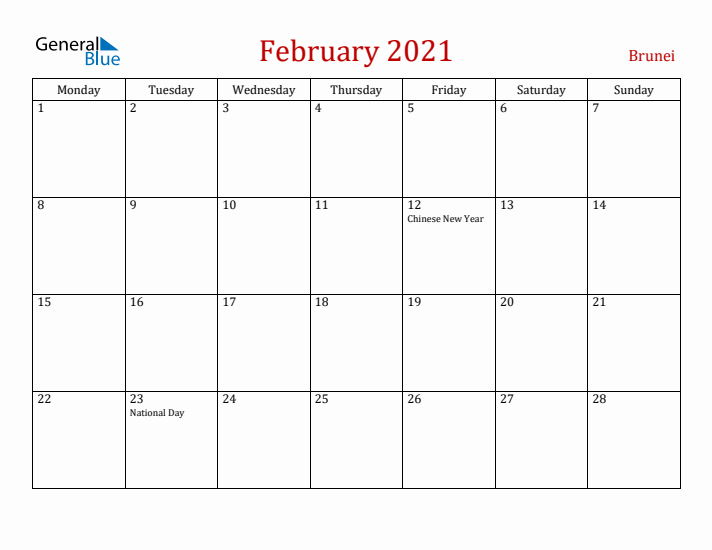 Brunei February 2021 Calendar - Monday Start