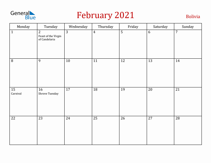 Bolivia February 2021 Calendar - Monday Start
