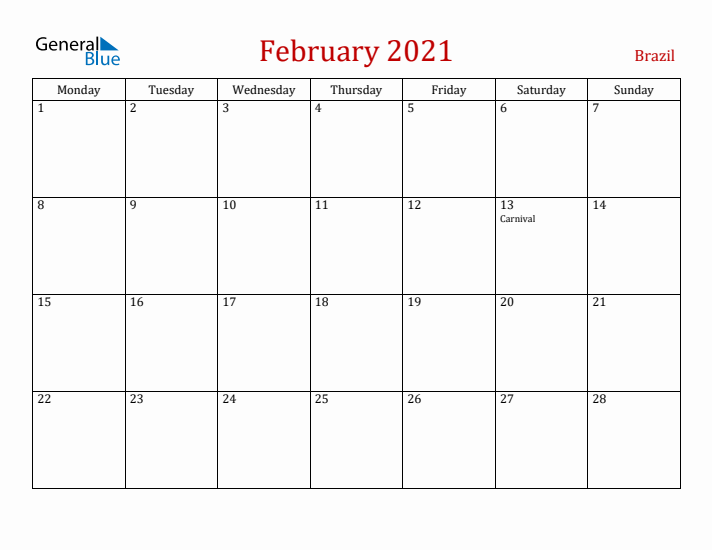 Brazil February 2021 Calendar - Monday Start