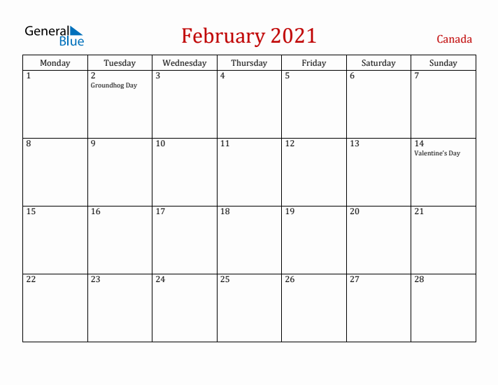 Canada February 2021 Calendar - Monday Start