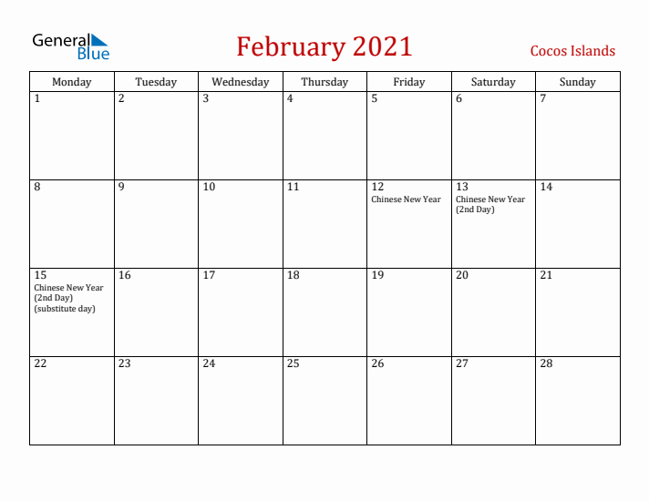 Cocos Islands February 2021 Calendar - Monday Start