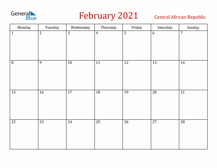 Central African Republic February 2021 Calendar - Monday Start