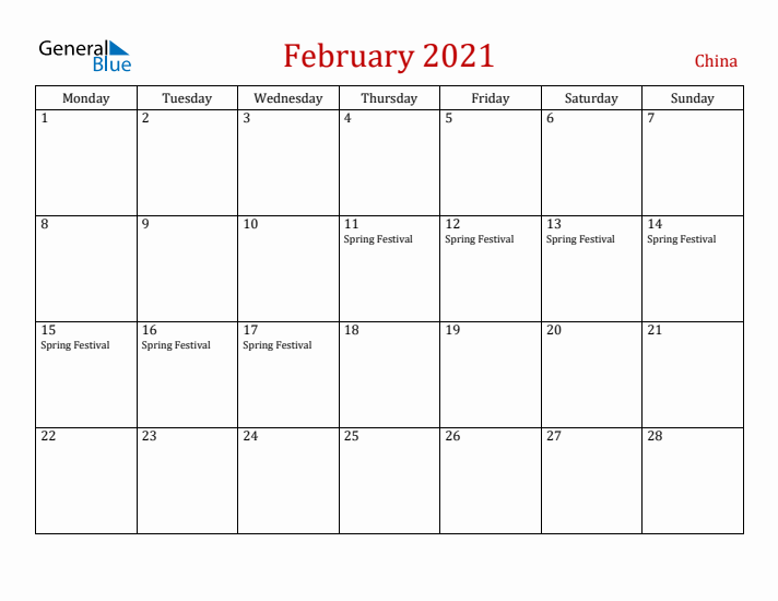 China February 2021 Calendar - Monday Start
