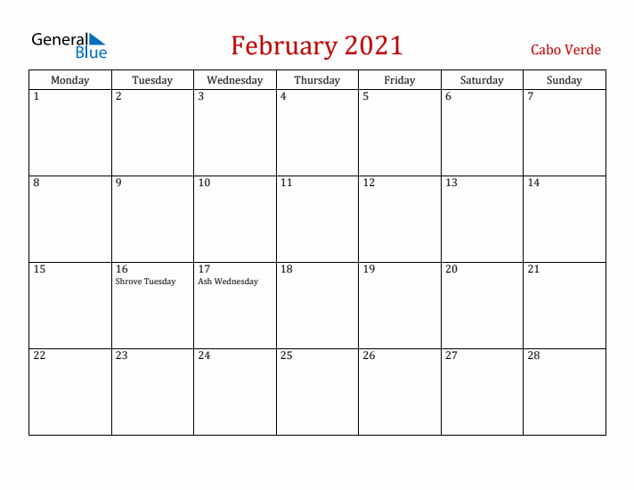 Cabo Verde February 2021 Calendar - Monday Start