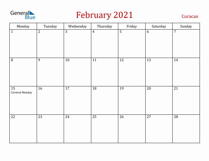 Curacao February 2021 Calendar - Monday Start