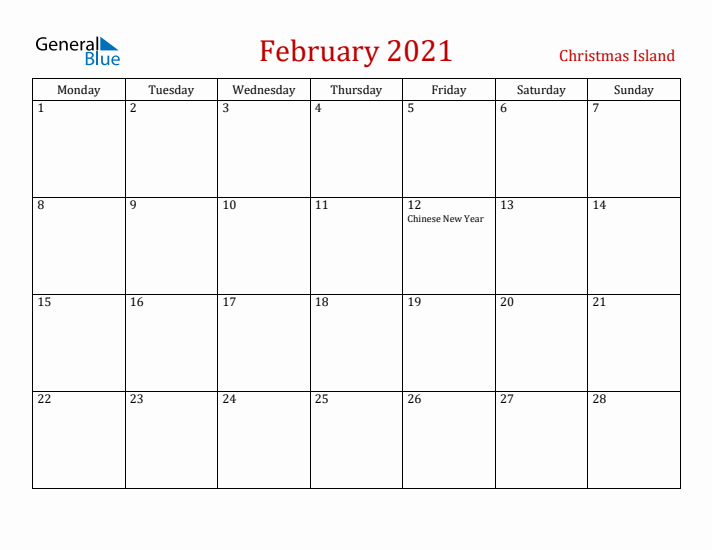 Christmas Island February 2021 Calendar - Monday Start