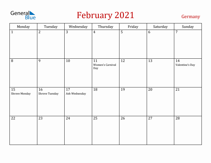 Germany February 2021 Calendar - Monday Start