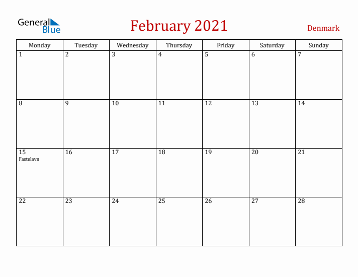 Denmark February 2021 Calendar - Monday Start