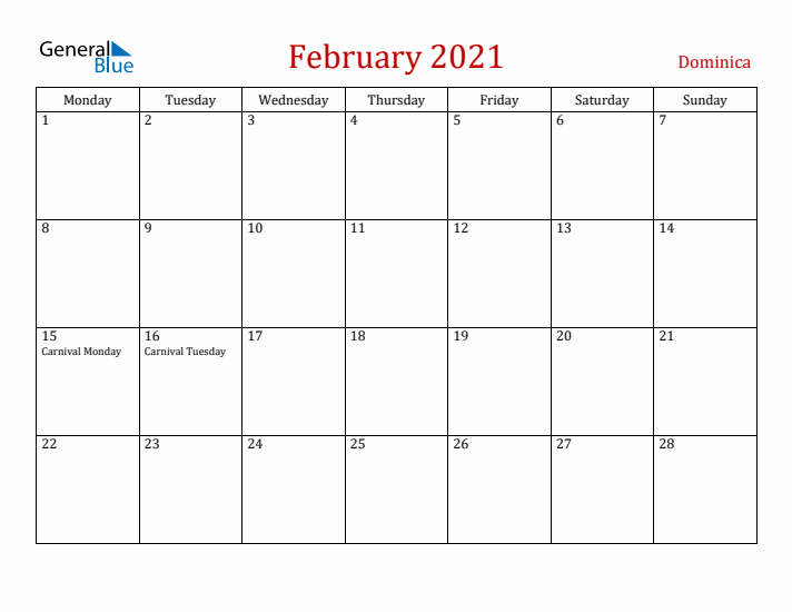 Dominica February 2021 Calendar - Monday Start