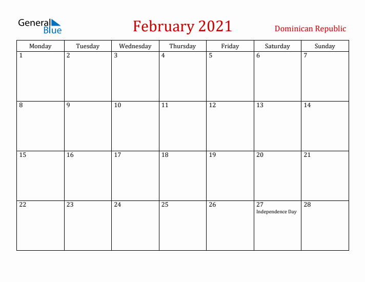 Dominican Republic February 2021 Calendar - Monday Start