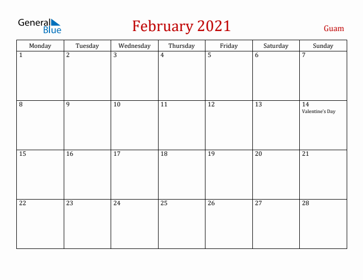 Guam February 2021 Calendar - Monday Start