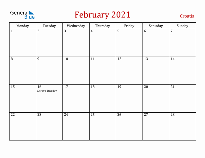 Croatia February 2021 Calendar - Monday Start