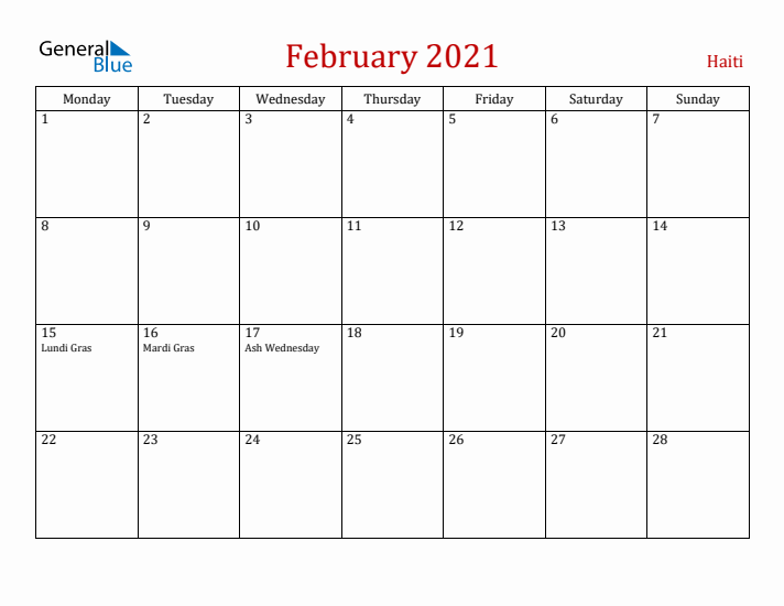 Haiti February 2021 Calendar - Monday Start