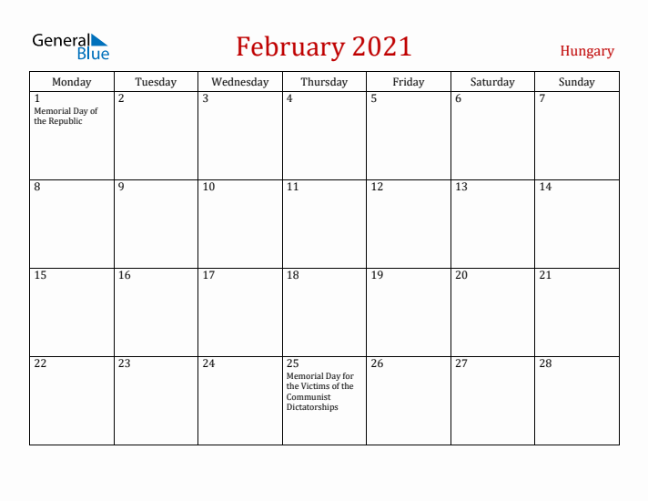 Hungary February 2021 Calendar - Monday Start