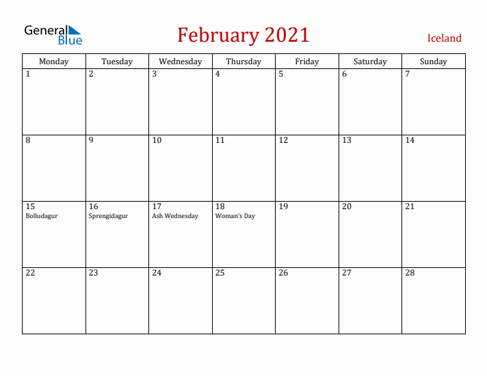 Iceland February 2021 Calendar - Monday Start