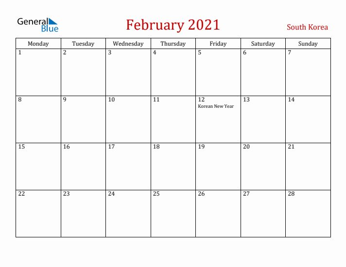 South Korea February 2021 Calendar - Monday Start