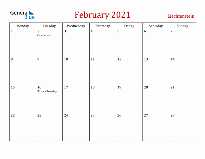 Liechtenstein February 2021 Calendar - Monday Start