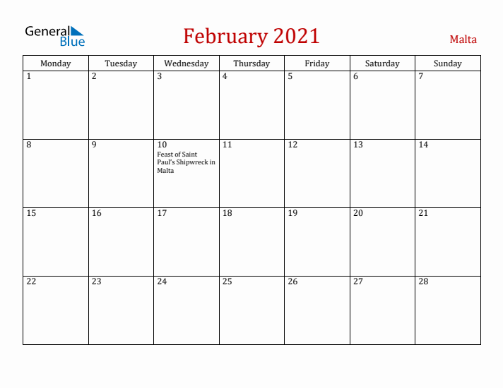 Malta February 2021 Calendar - Monday Start