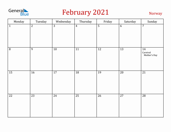 Norway February 2021 Calendar - Monday Start
