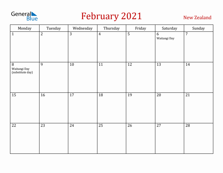 New Zealand February 2021 Calendar - Monday Start