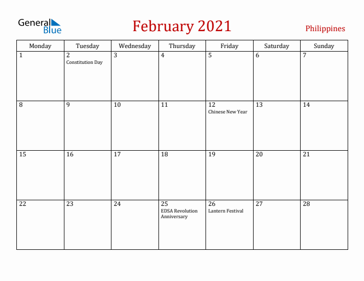 Philippines February 2021 Calendar - Monday Start