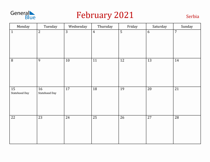 Serbia February 2021 Calendar - Monday Start