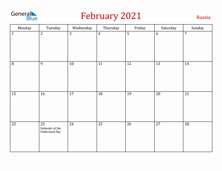 Russia February 2021 Calendar - Monday Start
