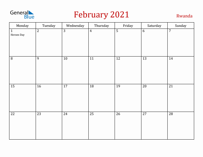 Rwanda February 2021 Calendar - Monday Start