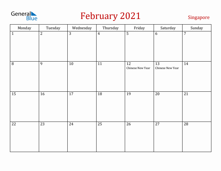 Singapore February 2021 Calendar - Monday Start