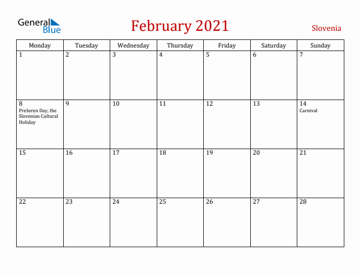 Slovenia February 2021 Calendar - Monday Start