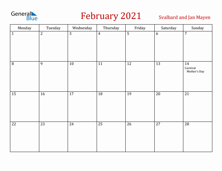 Svalbard and Jan Mayen February 2021 Calendar - Monday Start