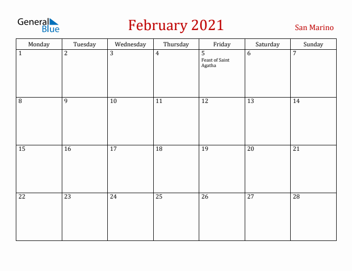 San Marino February 2021 Calendar - Monday Start
