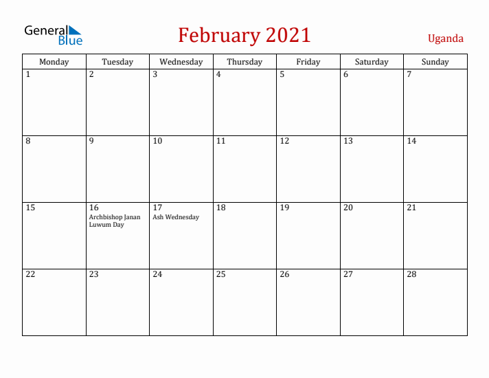 Uganda February 2021 Calendar - Monday Start
