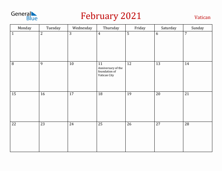 Vatican February 2021 Calendar - Monday Start