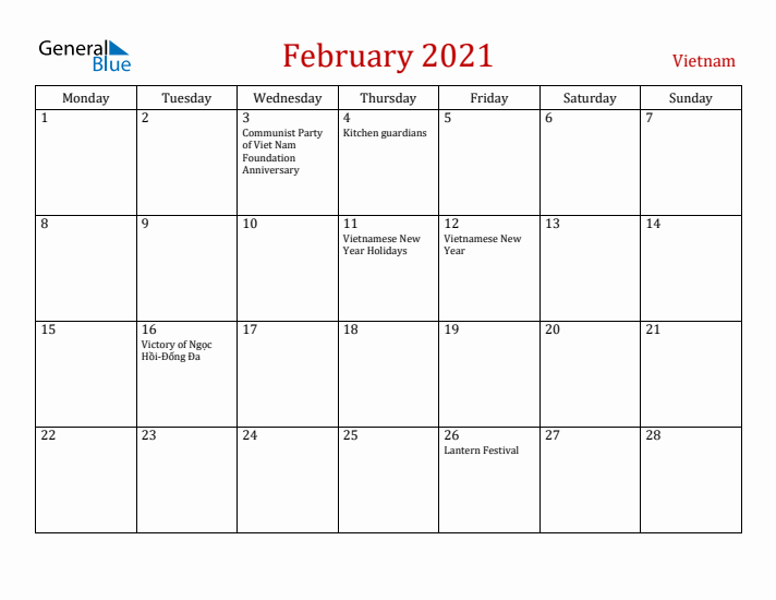 Vietnam February 2021 Calendar - Monday Start