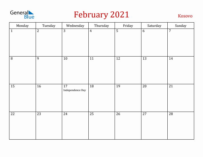 Kosovo February 2021 Calendar - Monday Start