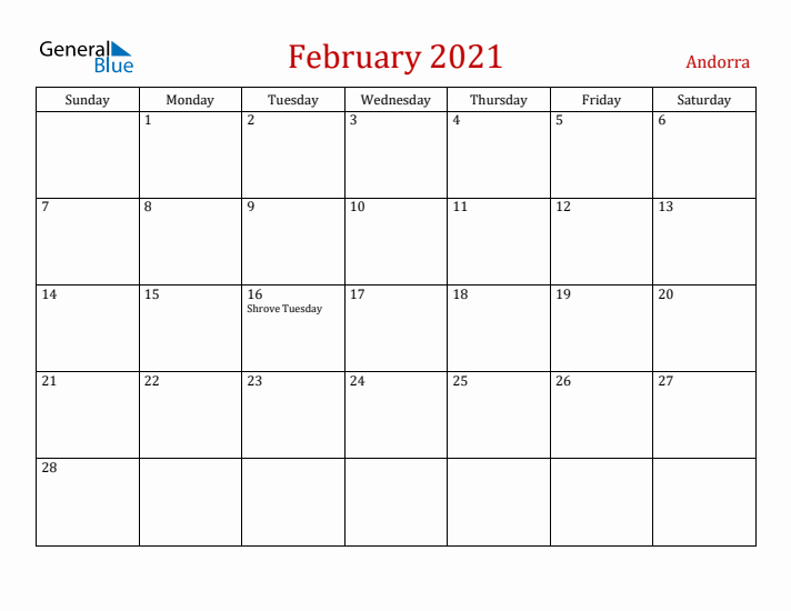 Andorra February 2021 Calendar - Sunday Start