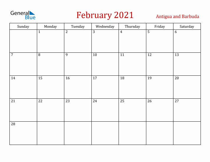 Antigua and Barbuda February 2021 Calendar - Sunday Start