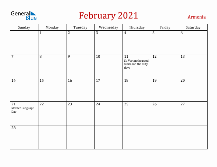 Armenia February 2021 Calendar - Sunday Start