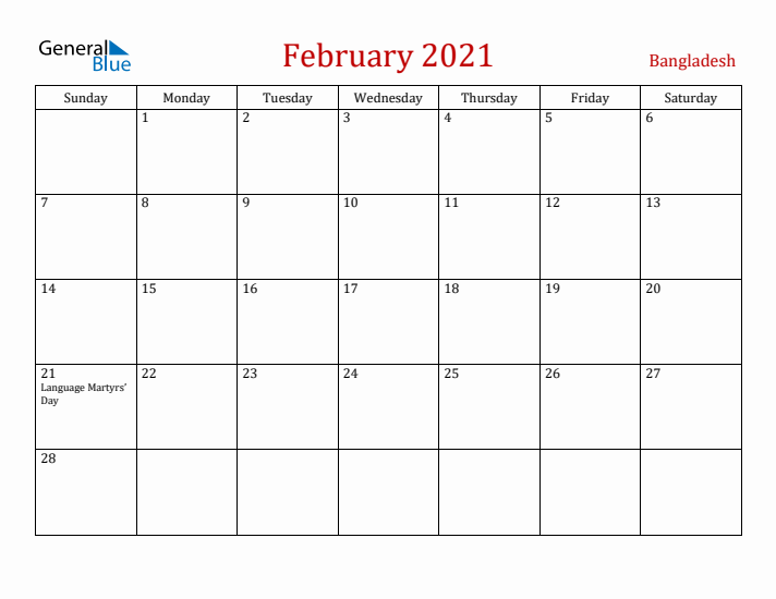 Bangladesh February 2021 Calendar - Sunday Start