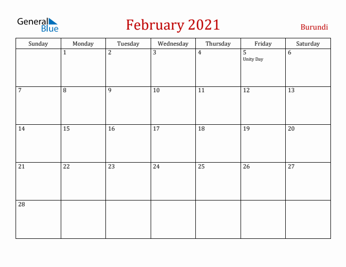 Burundi February 2021 Calendar - Sunday Start