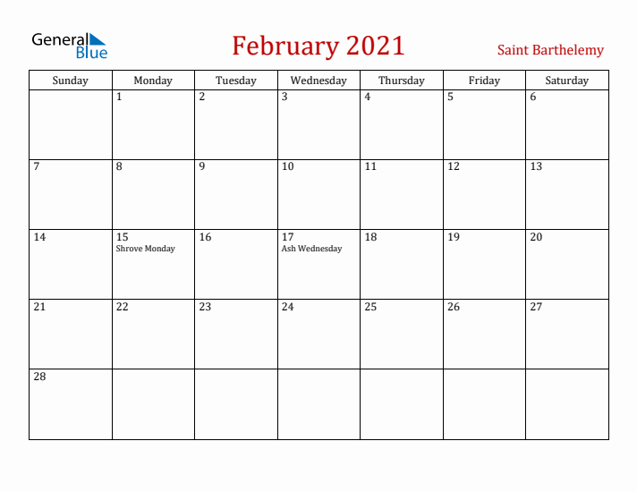 Saint Barthelemy February 2021 Calendar - Sunday Start