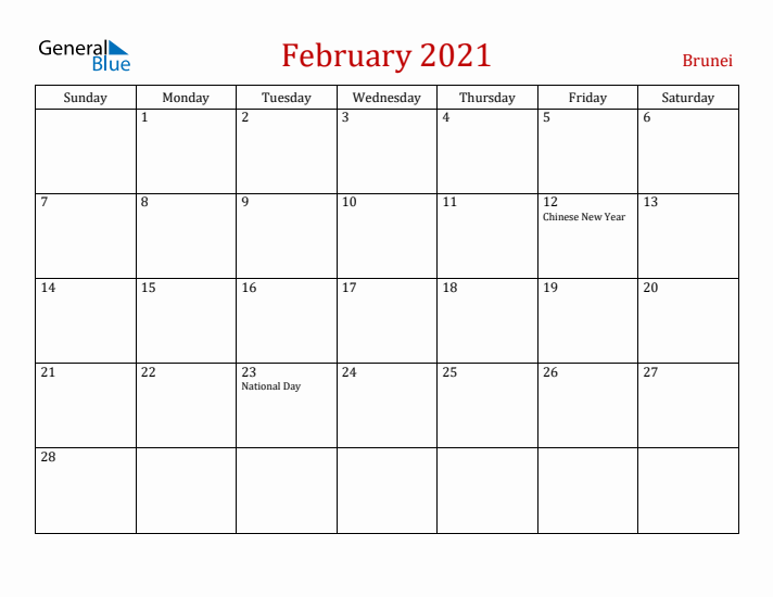 Brunei February 2021 Calendar - Sunday Start