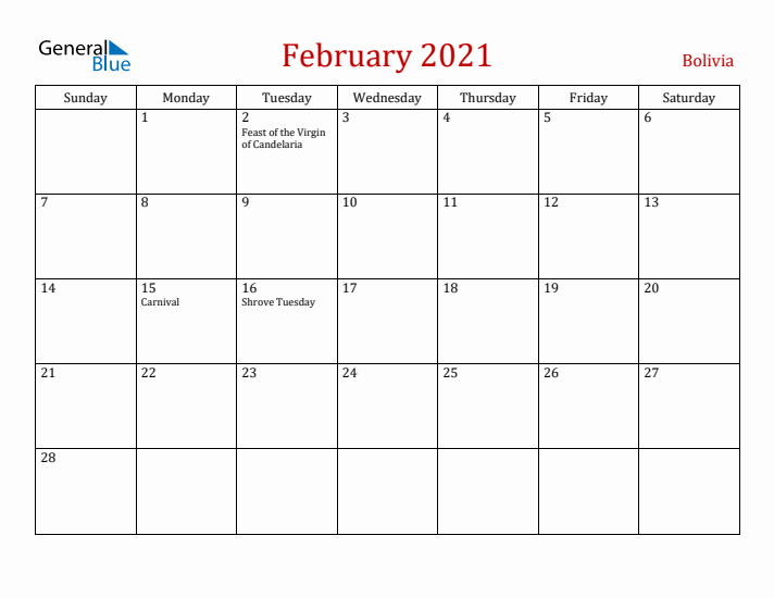 Bolivia February 2021 Calendar - Sunday Start