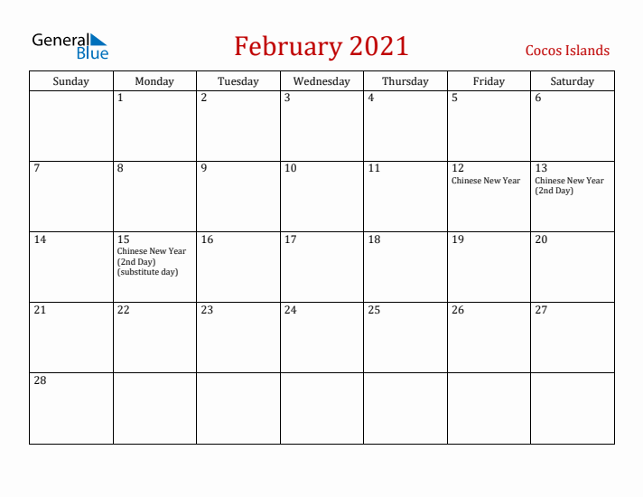 Cocos Islands February 2021 Calendar - Sunday Start