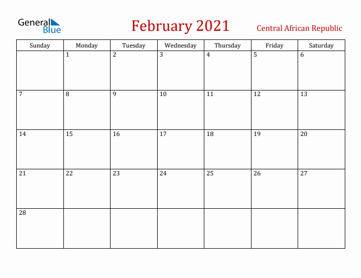 Central African Republic February 2021 Calendar - Sunday Start