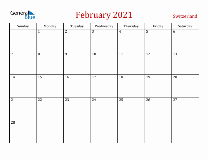 Switzerland February 2021 Calendar - Sunday Start