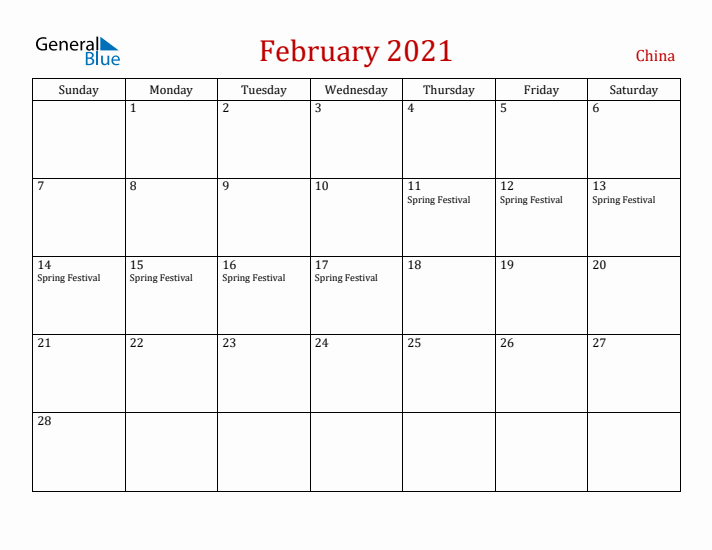 China February 2021 Calendar - Sunday Start