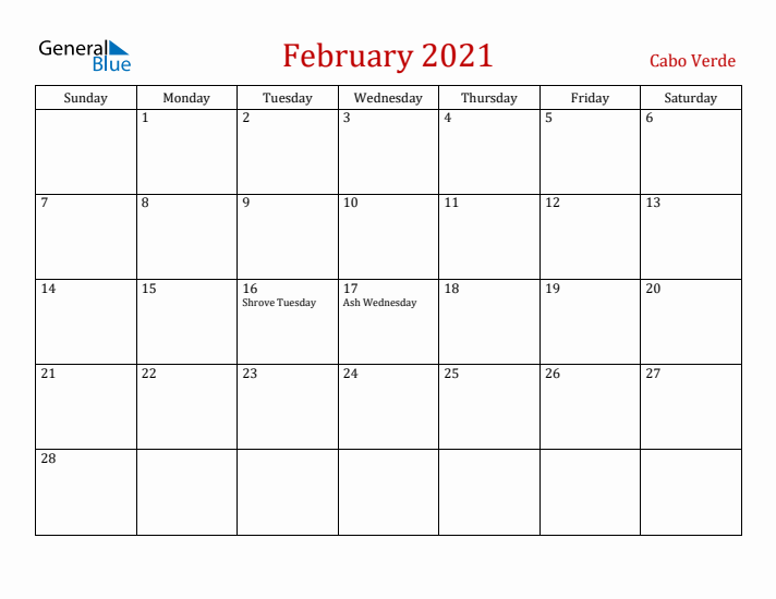 Cabo Verde February 2021 Calendar - Sunday Start